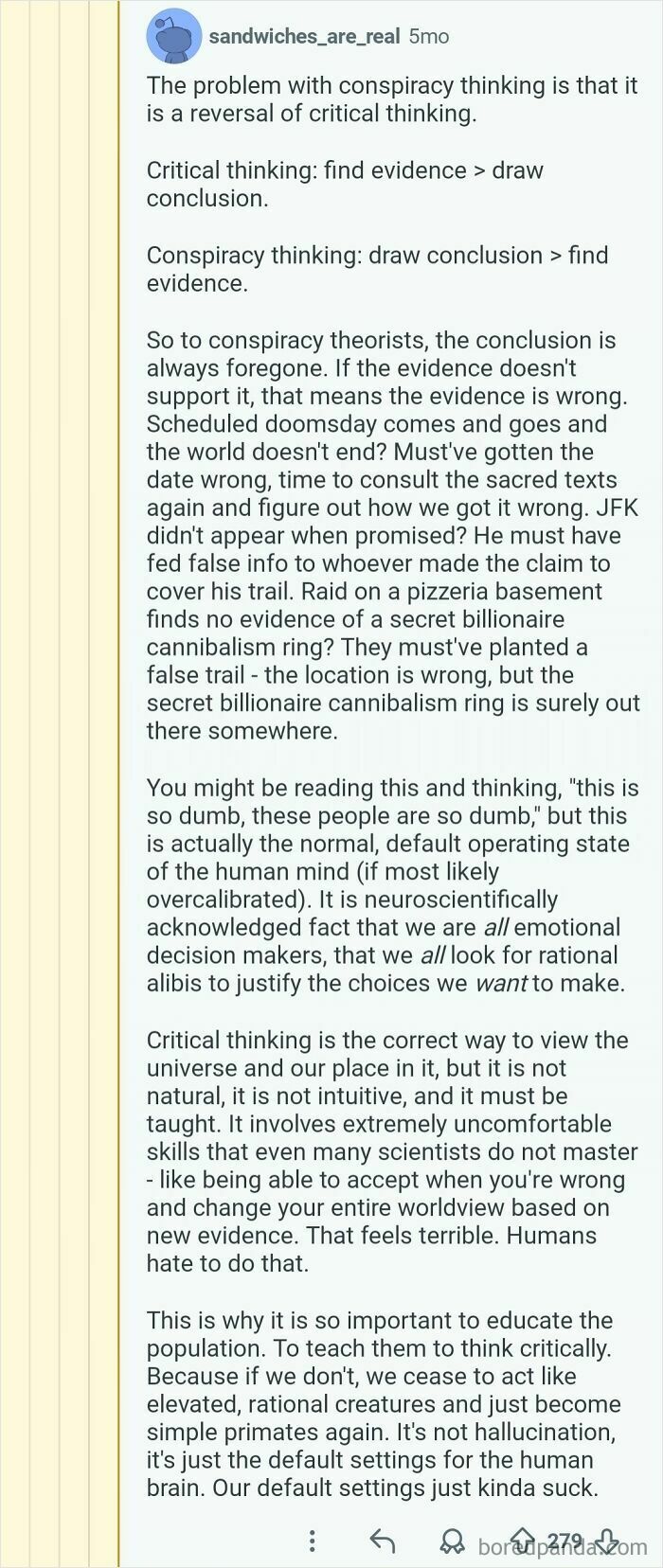 An image of an online post detailing critical thinking versus conspiracy thinking regarding comments.