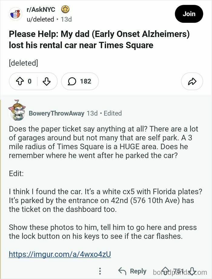 A Reddit post about comments that should be in the Hall of Fame, with a user asking for help finding a rental car.
