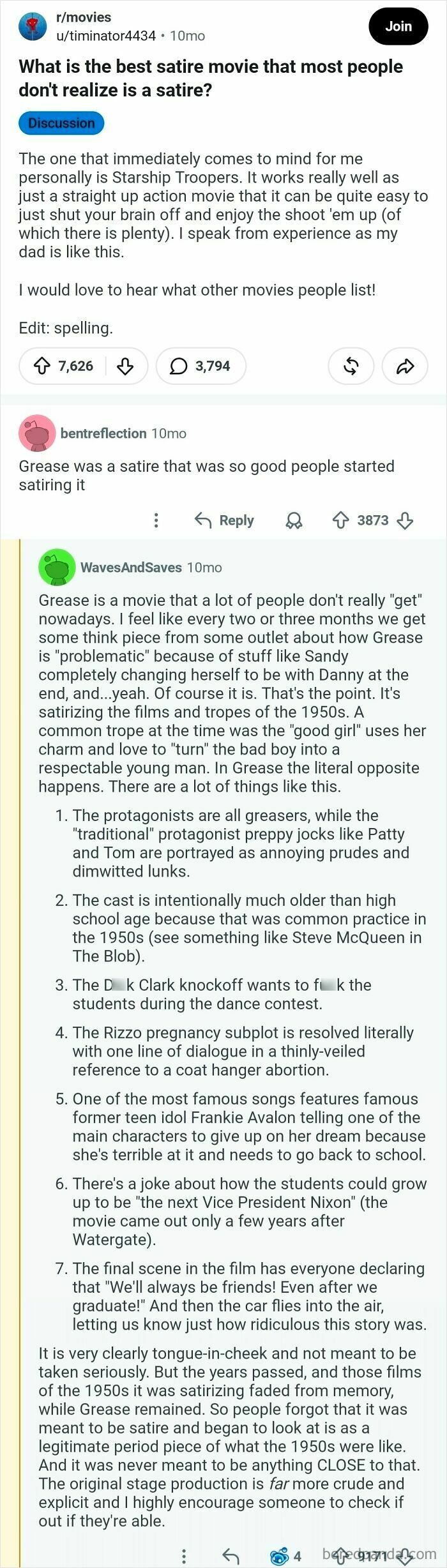 A Reddit thread discussing what the best satire movie is, featuring comments on films that should be in the Hall of Fame.