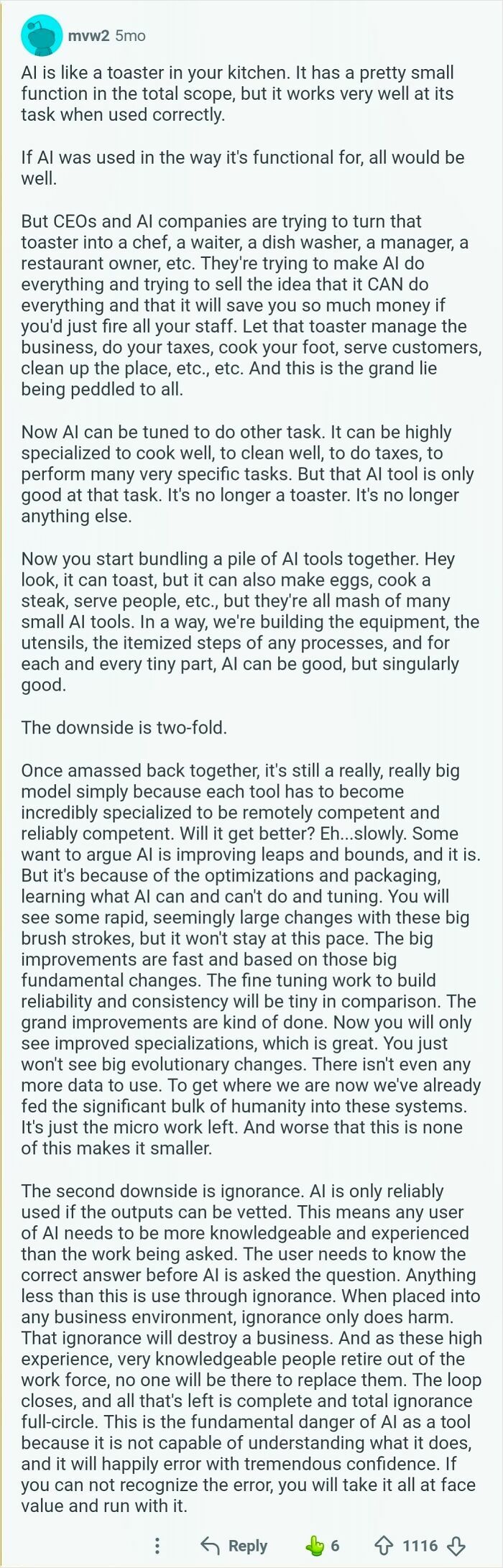 An image of an online post explaining AI as a toaster in your kitchen with various comments.