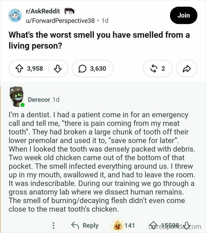 A Reddit post about comments in the hall of fame. A dentist shares a story about a patient with a foul-smelling tooth.