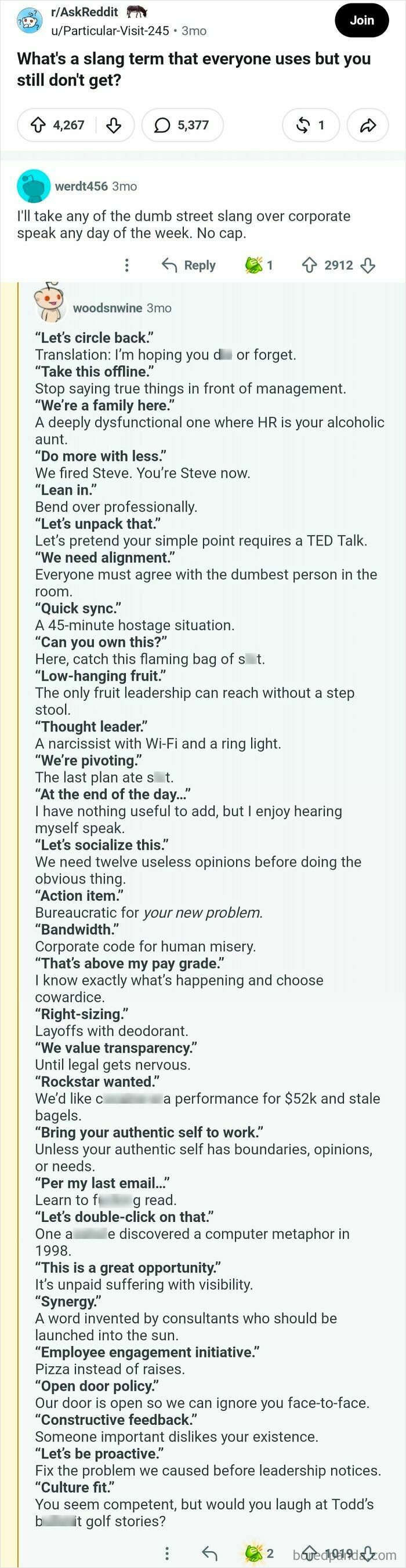 An image of an online post asking about slang everyone uses but still doesn't get, featuring numerous comments.