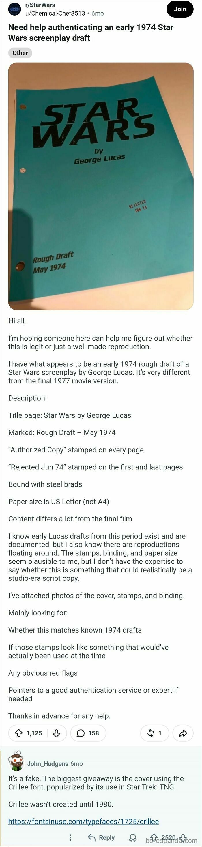 A screenshot of a Reddit post displaying an early 1974 Star Wars screenplay by George Lucas, which is among the comments that should be in the hall of fame.