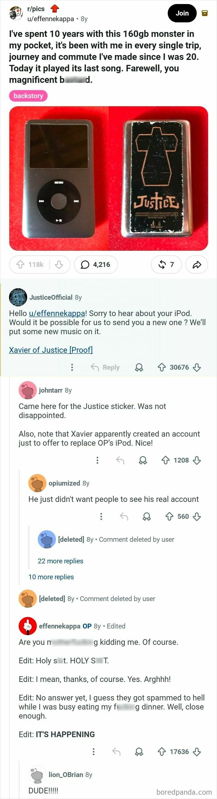 A Reddit post about comments that should be in the Hall of Fame, showcasing an iPod and a Justice sticker.