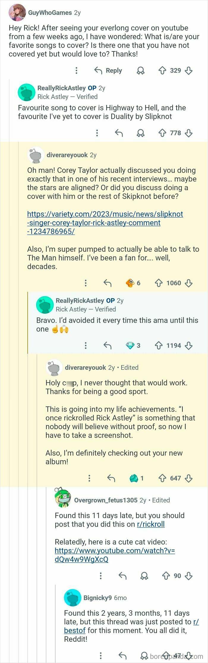 A screenshot of a Reddit post showing various comments about music and Rick Astley, highlighting discussions that should be in the hall of fame.