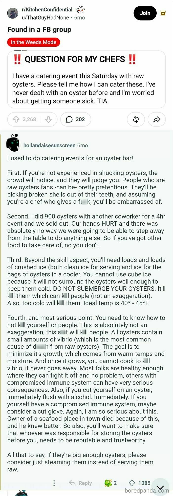 An image of an online post discussing a question about catering an oyster bar with comments.