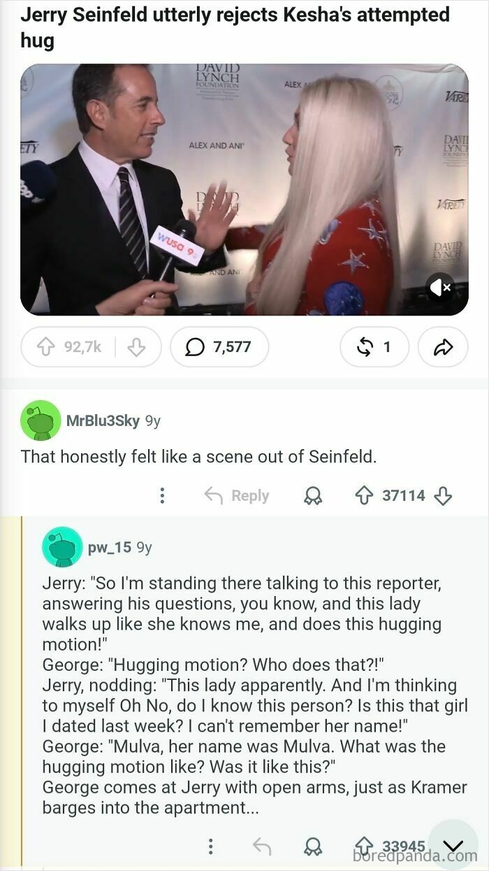 Jerry Seinfeld rejects Kesha's attempted hug, a moment for the comments hall of fame.