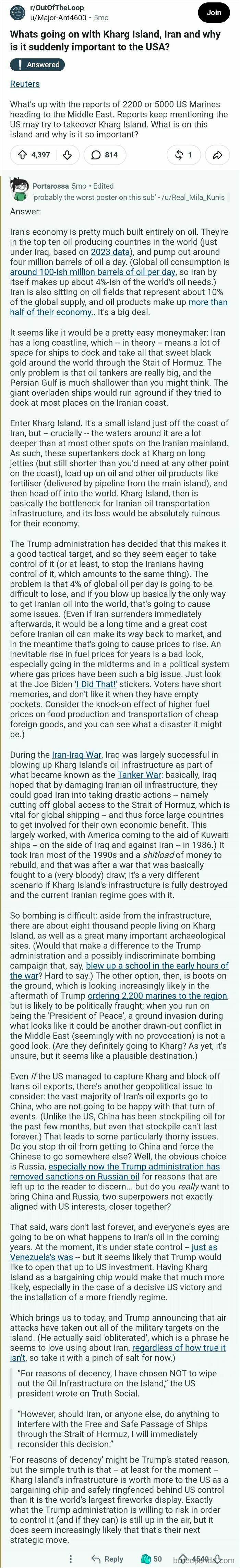 A lengthy Reddit discussion on comments that should be in the Hall of Fame, focusing on the importance of Iran's Kharg Island.