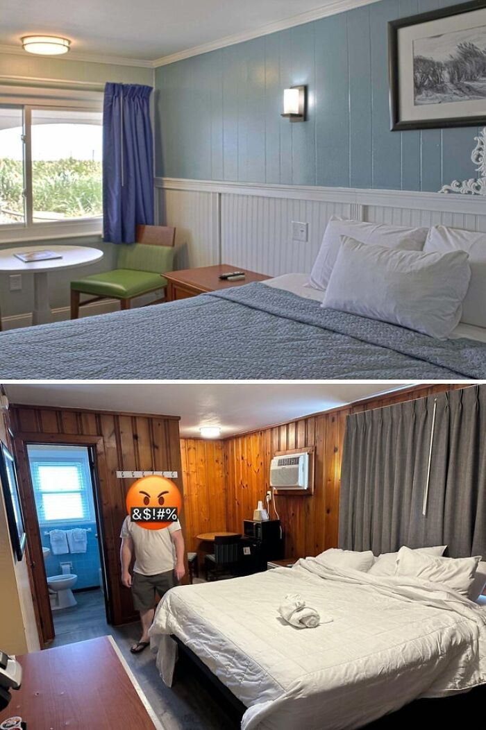 A split image displays a bright, clean Airbnb listing bedroom above a dark, cramped room with a blurry face, revealing listing contrast.