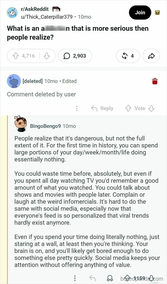 A Reddit post with deleted comments, discussing what is more serious than people realize, related to comments in the Hall of Fame.
