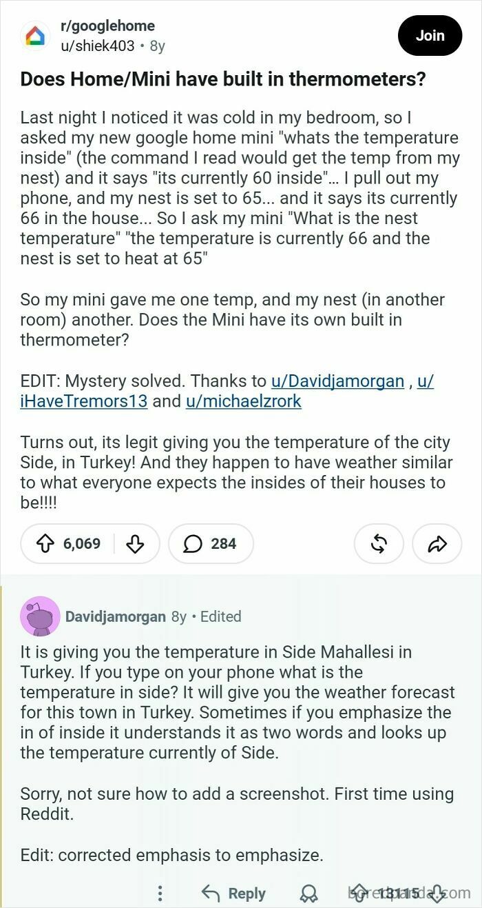 A user asks if Google Home/Mini has built-in thermometers, leading to a Hall of Fame explanation about location-based weather.