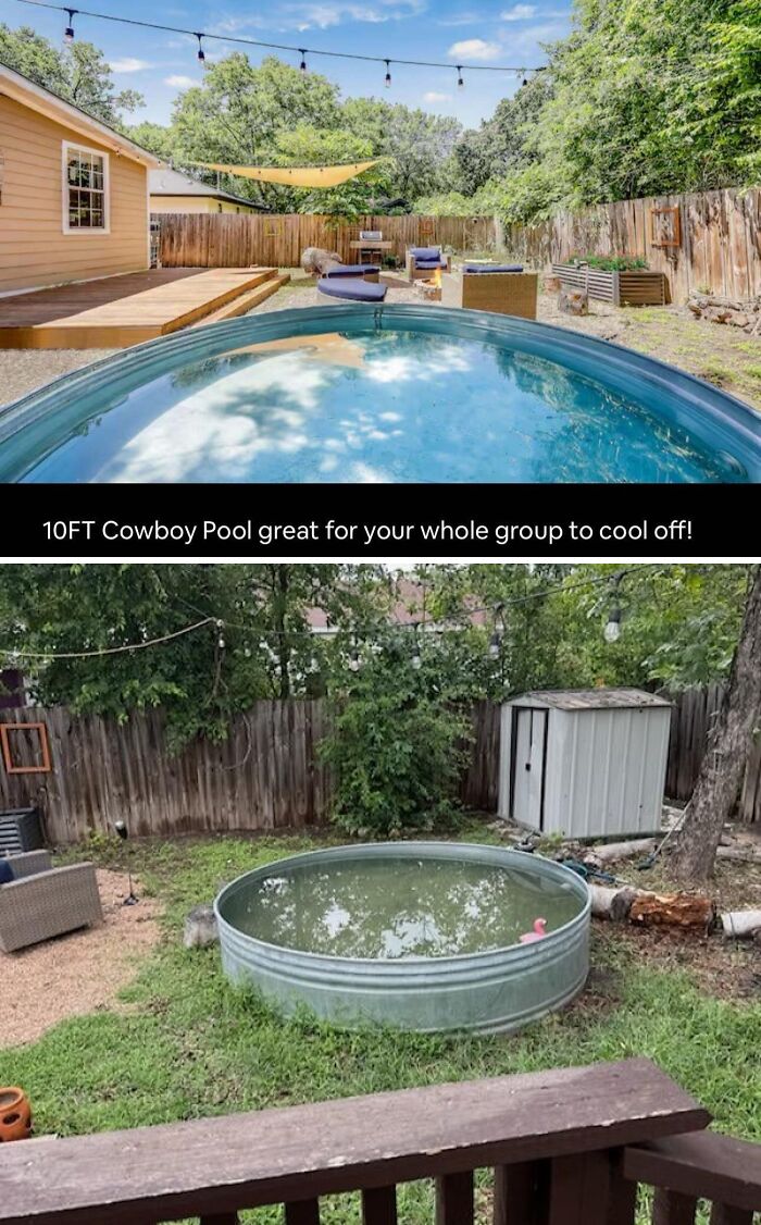 A split image reveals a sparkling cowboy pool in an Airbnb listing above a dirty, neglected pool, showing listing differences.