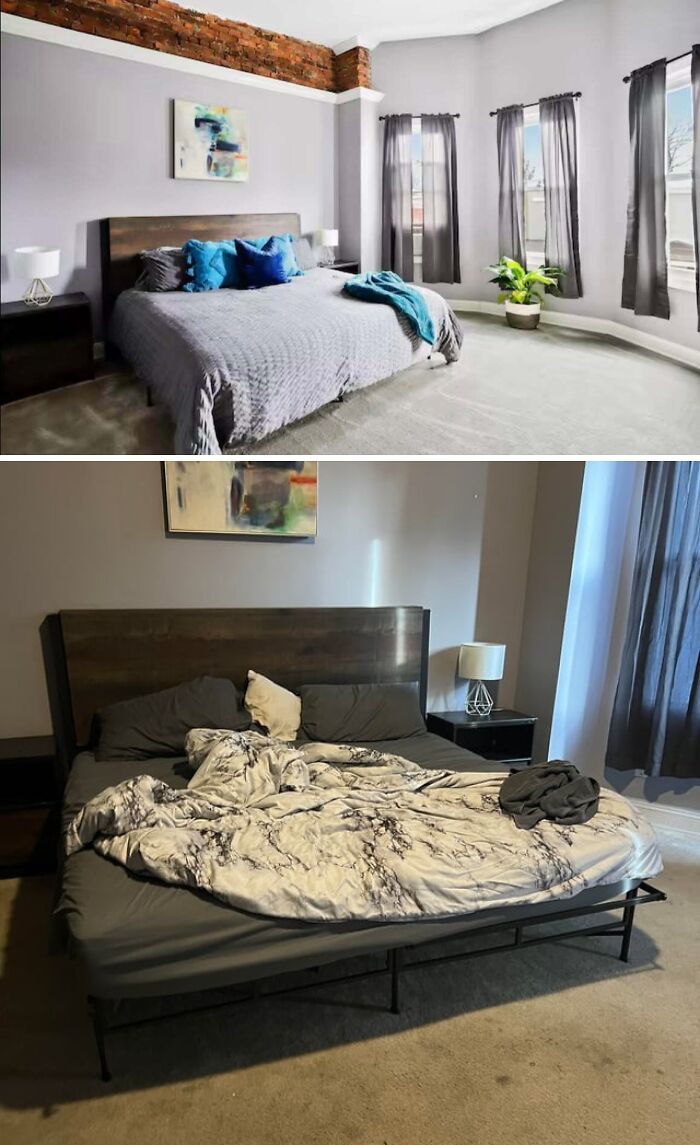 A split image shows a pristine Airbnb listing bedroom above a messy, unkempt bedroom, highlighting listing discrepancies.