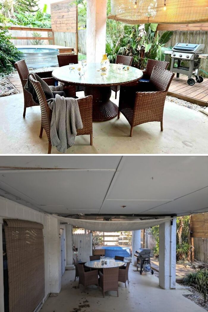 Two images, one showing a well-furnished patio, the other revealing a less appealing view of the same Airbnb listing area.