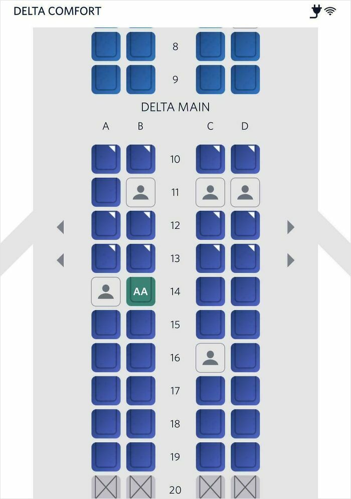 A Delta Comfort and Delta Main airplane seat map displaying available and occupied seats. Little hope for humanity.