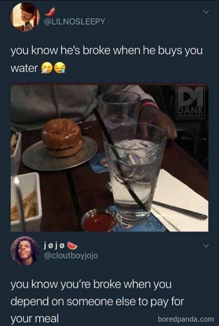 A tweet about people who are broke and buying water instead of a full meal, highlighting a lack of hope for humanity.