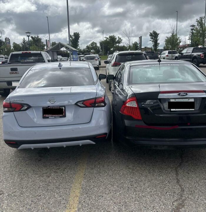 Two cars parked extremely close, displaying little hope for humanity.