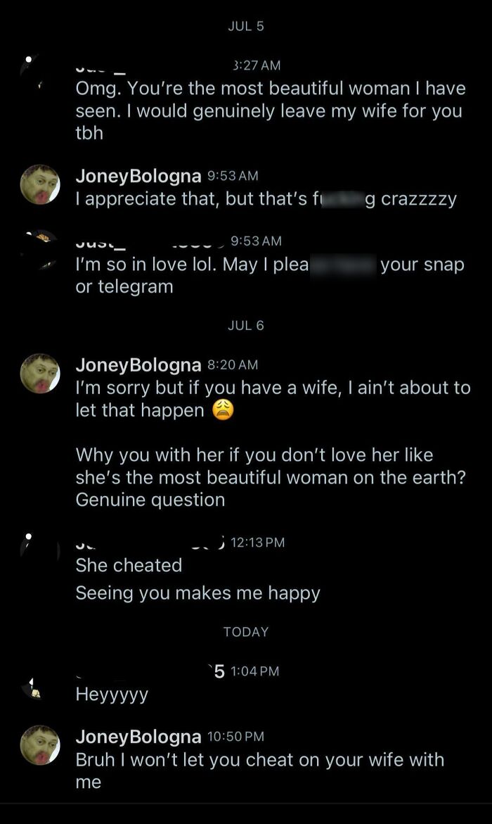 A screenshot of a text conversation where a man tries to cheat on his wife, demonstrating little hope for humanity.