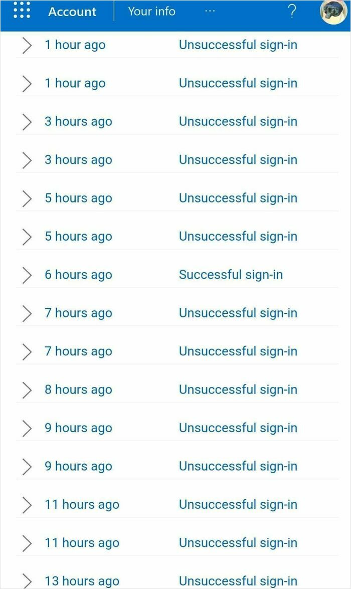A list of multiple unsuccessful sign-in attempts on an account, highlighting little hope for humanity in digital security.