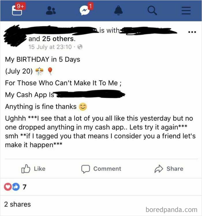 A social media post where someone asks for money for their birthday via Cash App, showing little hope for humanity.