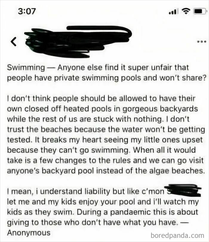 A social media post about private swimming pools and the reasons there's little hope for humanity for those without.