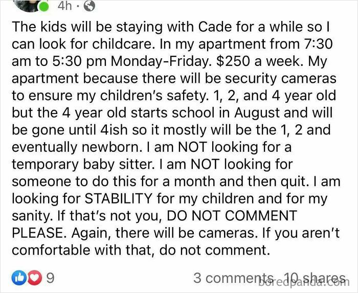 A Facebook post by a parent seeking stable, long-term childcare for multiple children, emphasizing security cameras and stability, revealing little hope for humanity in finding care.