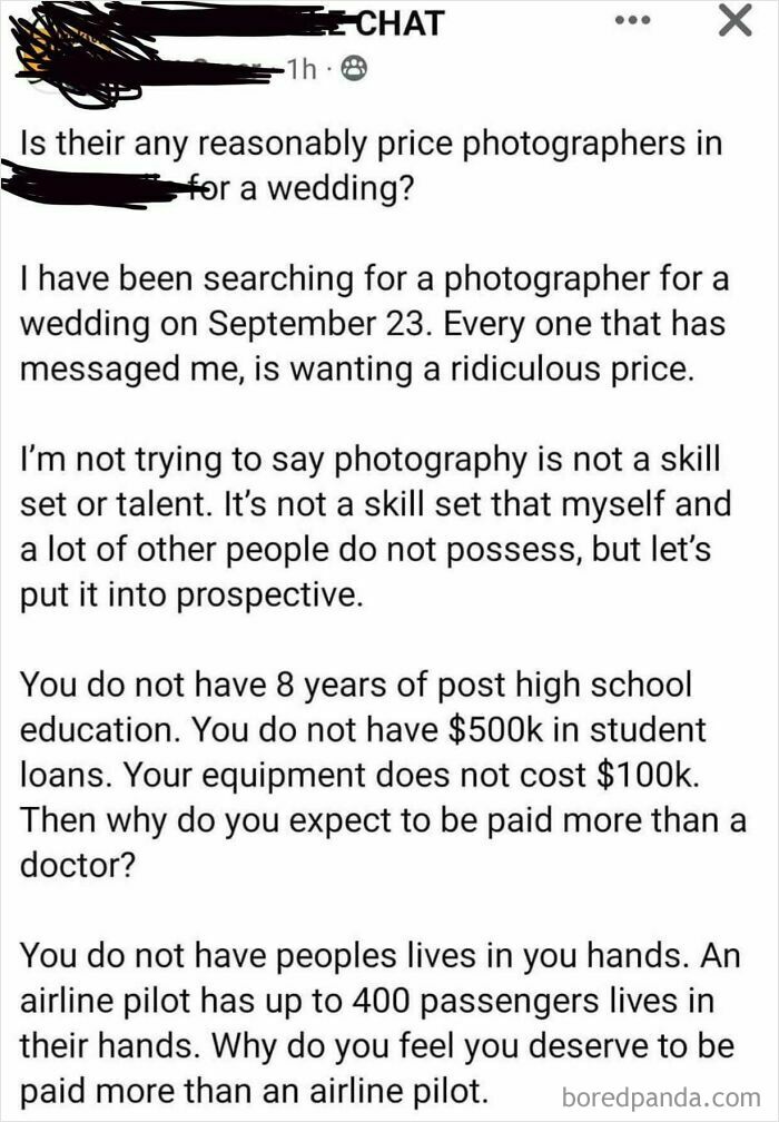 A social media post criticizing photographers for wedding prices, comparing them to doctors and airline pilots, indicating a lack of hope for humanity.