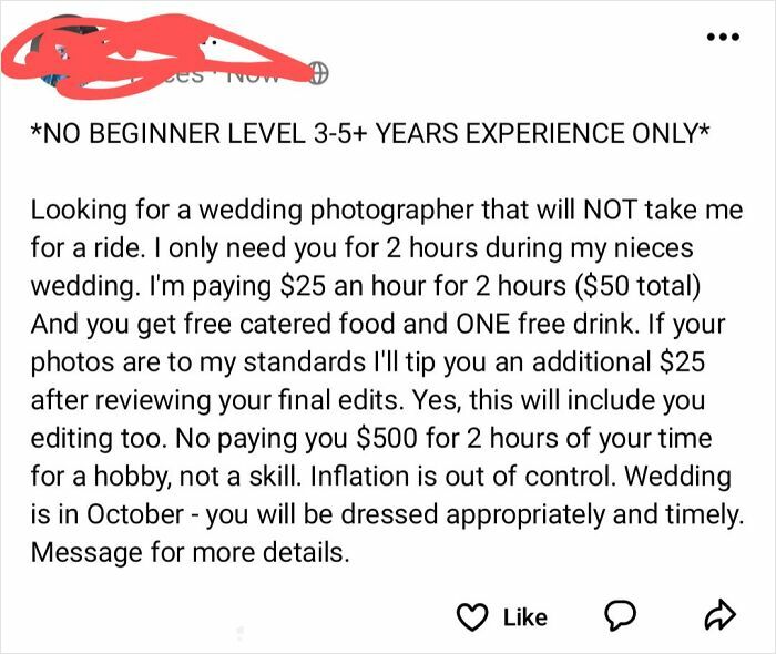 A social media post seeking a wedding photographer for an extremely low price, demonstrating little hope for humanity.