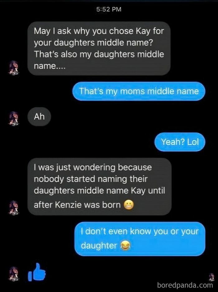 A text message conversation where someone inappropriately questions another's daughter's middle name, showing little hope for humanity.
