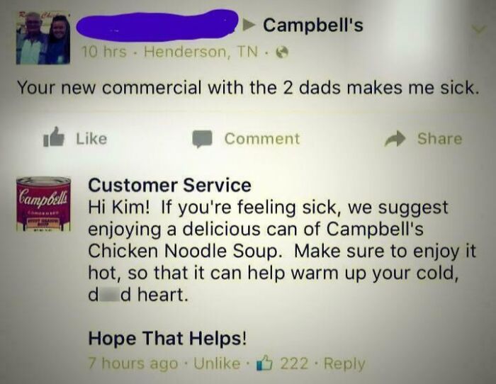 A Facebook post complaining about Campbell's commercial, with a sarcastic customer service reply, showing little hope for humanity.