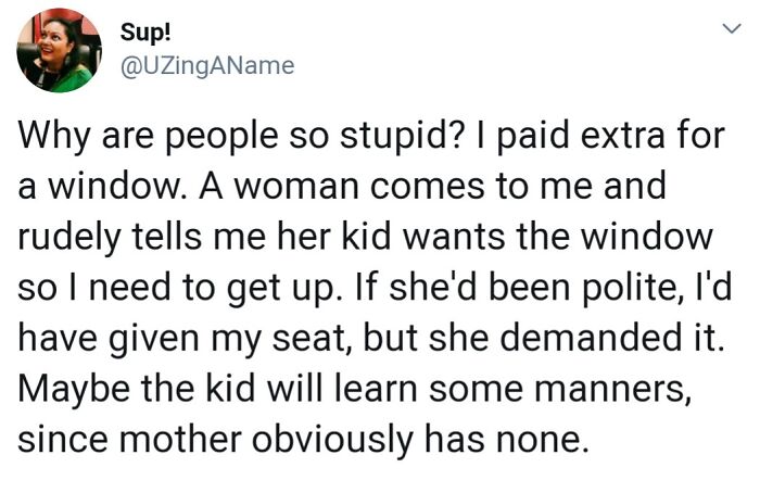 A tweet from @UZingAName detailing a rude encounter about a window seat, highlighting a lack of hope for humanity.