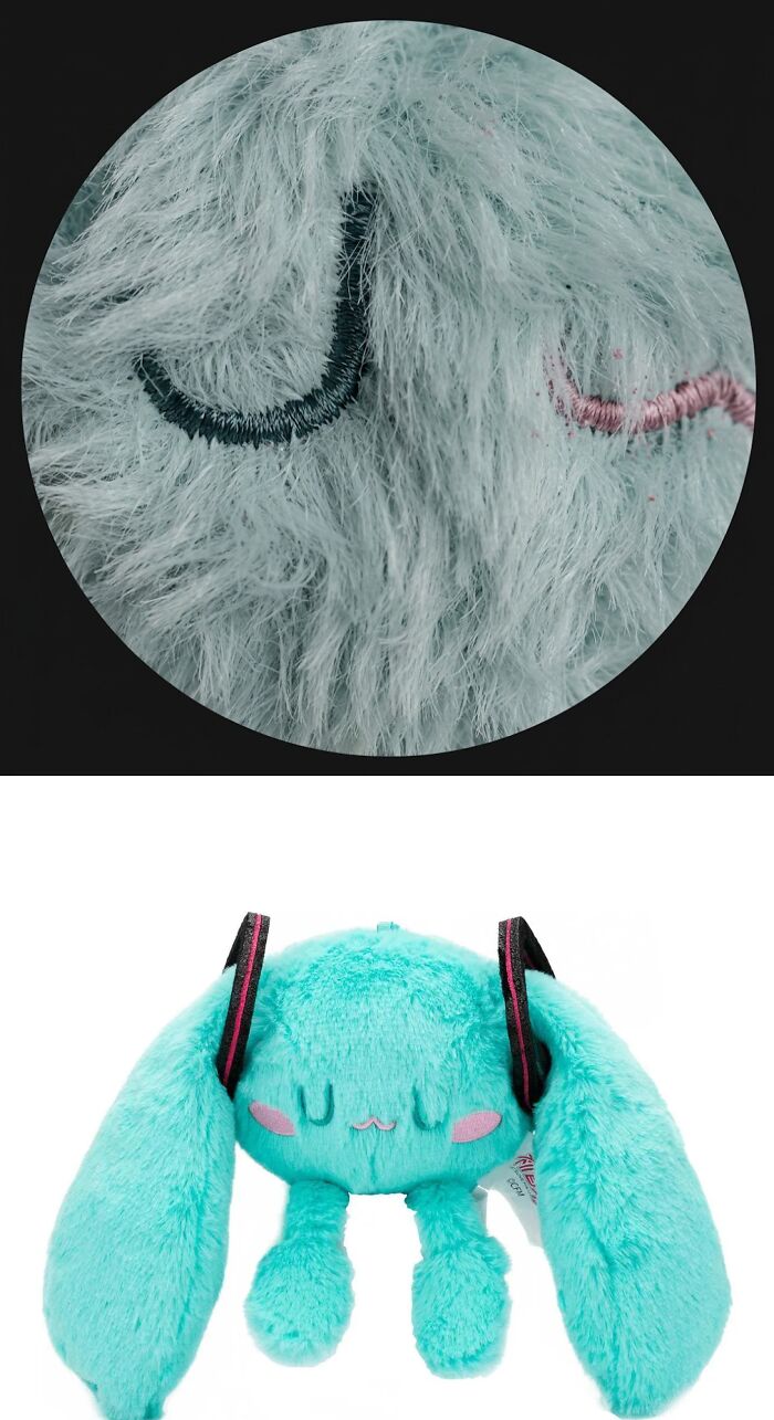 A close-up of a teal fluffy fabric with embroidered features, above a cute teal bunny plush toy, a thing people lost hope to find.