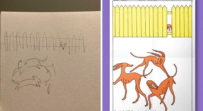 A child's drawing of dogs by a fence next to a professional illustration matching the style; internet finds an artist.
