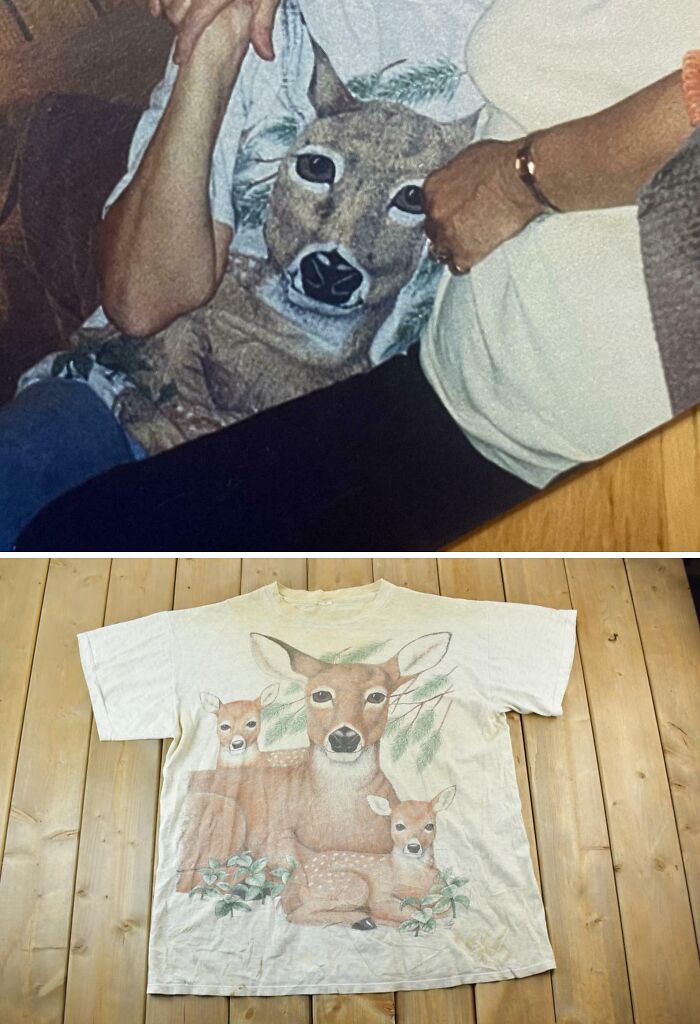 A split image showing a person wearing a deer T-shirt that perfectly aligns with a real deer, showcasing the internet's magic.