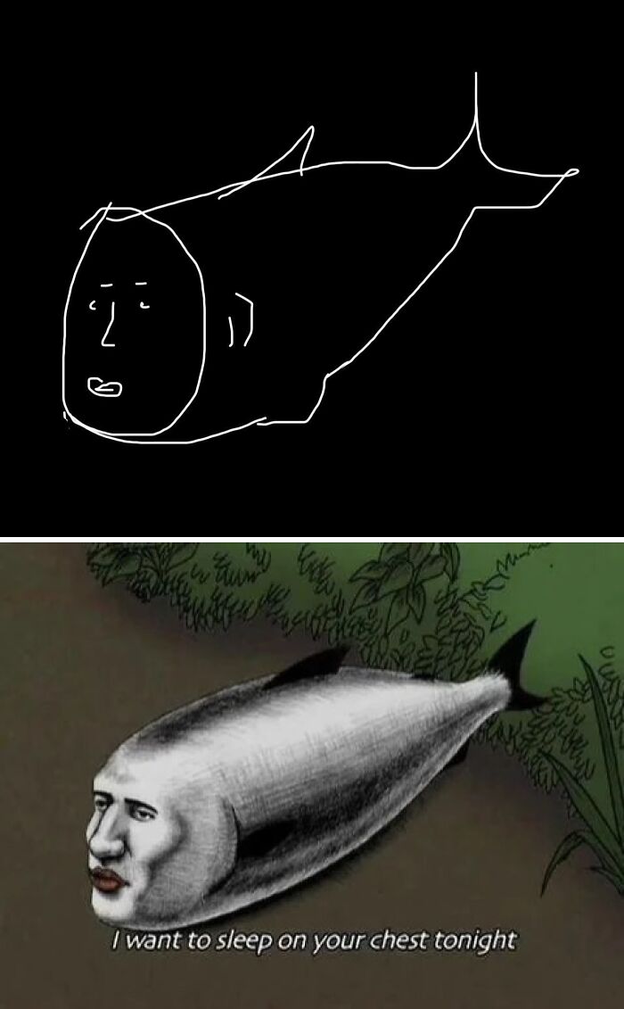 Drawing of a fish with a human face, a quirky image found with the internet's magic.