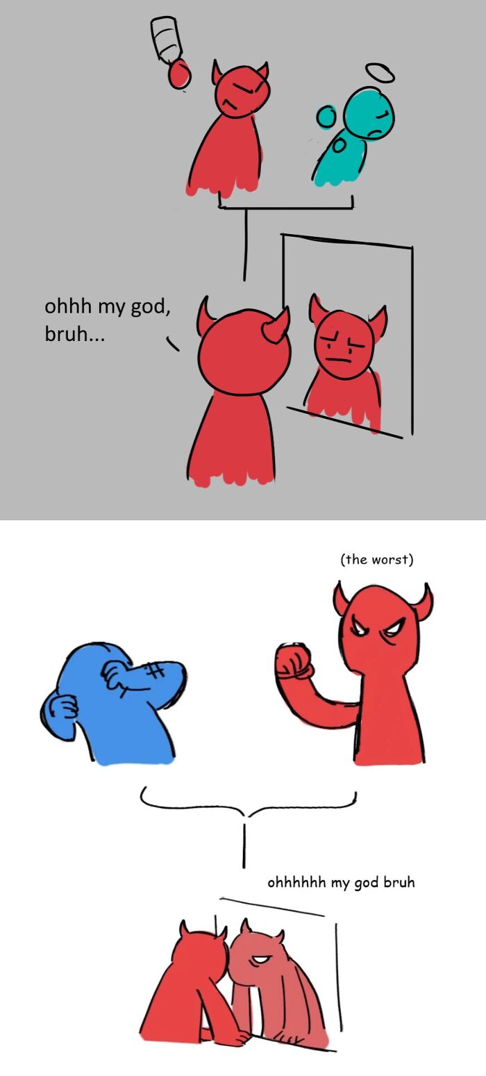 A comic depicting red devils and blue angels, humorously illustrating found hope with internet magic.