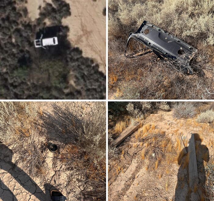 A four-panel image showcasing odd things found on Google Maps: a white car, car part, drain, and wooden post in a dry landscape.