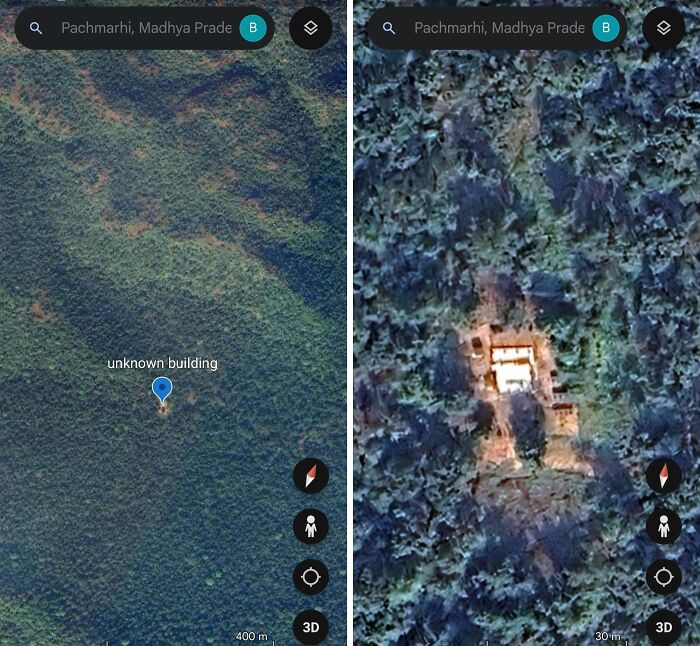 A split image showing an unknown building in a forest on Google Maps, an odd thing people found.