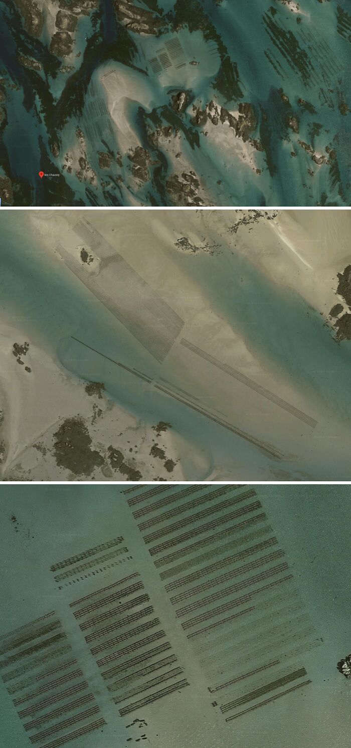 Aerial views of strange, rectangular grid patterns underwater in the ocean, an odd thing found on Google Maps.