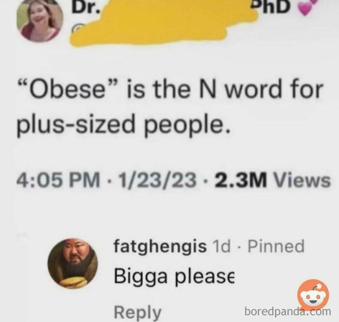 A tweet comparing the word obese to a derogatory term, followed by an oddly specific roast comment.
