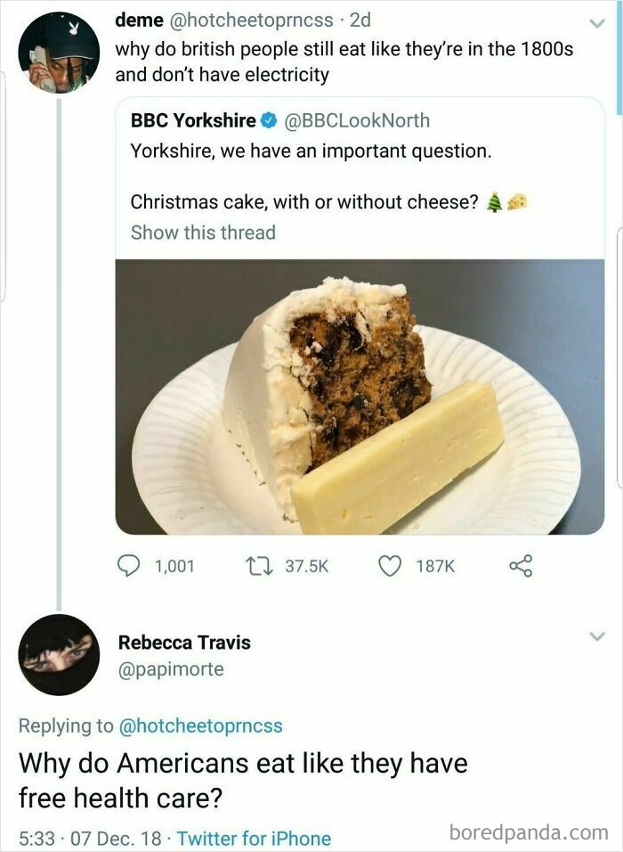 A funny, oddly specific roast comparing British and American eating habits with a slice of cake and cheese.