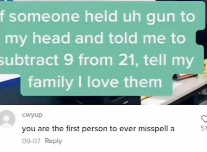 A screenshot showing an oddly specific roast on a misspelled word in a funny arithmetic problem, featuring funny roasts.