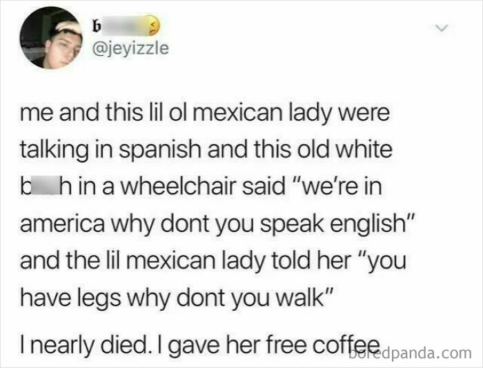 A tweet sharing a story with an oddly specific roast about speaking English and walking.