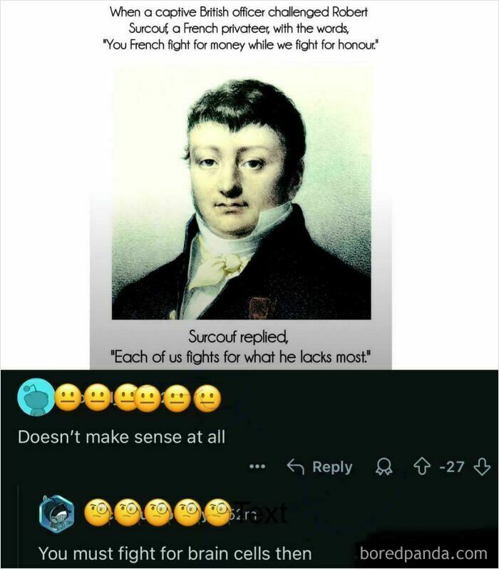 A screenshot with a funny, oddly specific roast from a Reddit comment below a historical quote.