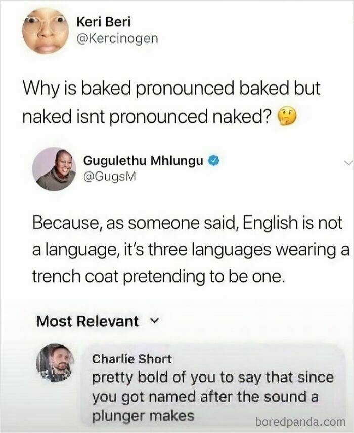 A screenshot showing funny oddly specific roasts about English pronunciation on social media.