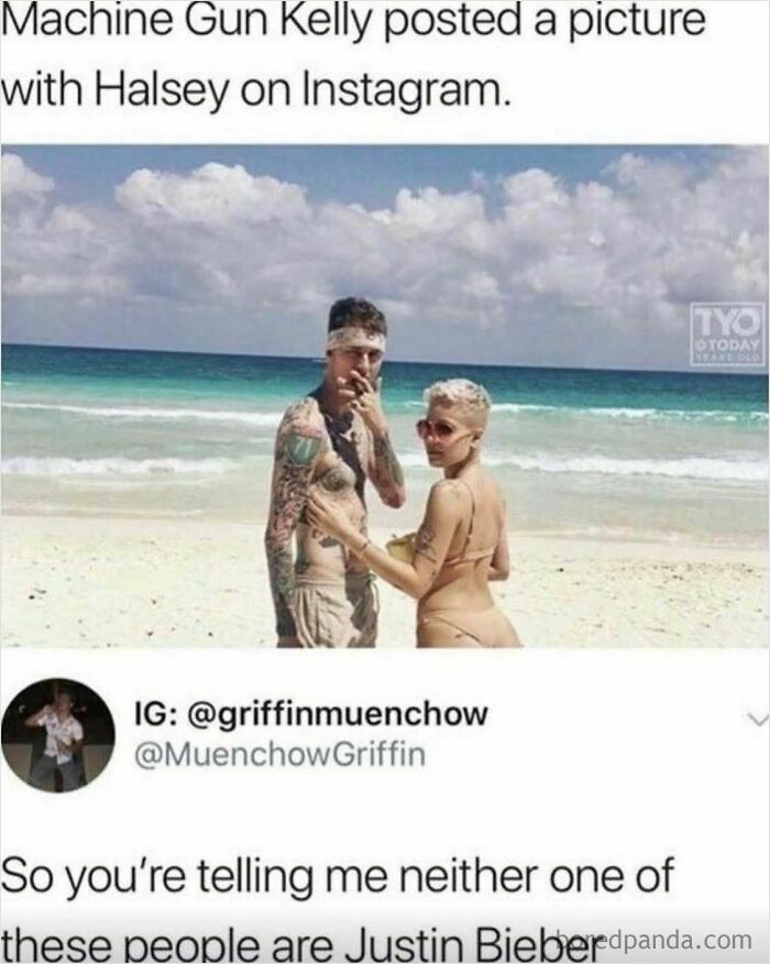 A tweet with Machine Gun Kelly and Halsey on a beach, with an oddly specific roast about Justin Bieber.