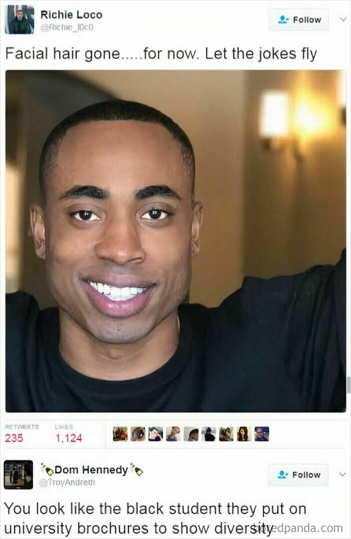 A tweet and comment with funny oddly specific roasts about a man's appearance after shaving.