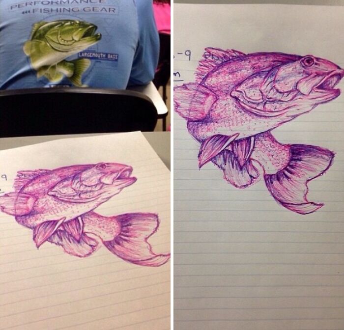A split image showing a person's shirt with a largemouth bass print next to a detailed purple pen drawing of a fish, absolutely unhinged.