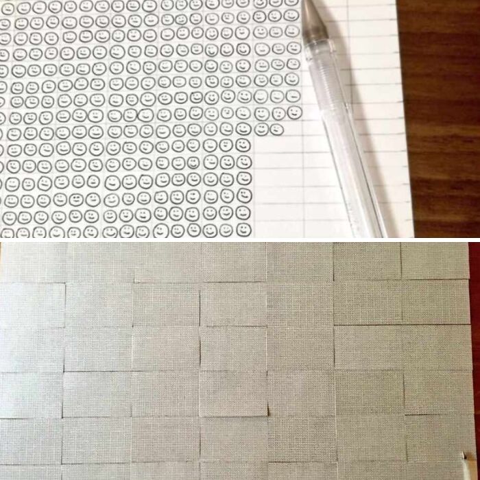 A split image showing a notebook page filled with tiny hand-drawn smileys and a woven mat made of small squares, both absolutely unhinged.