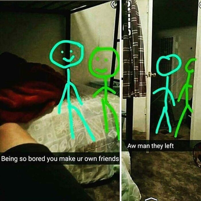 Two phone screens side-by-side, showing drawn stick figures on a bed, then disappearing, depicting unhinged and ridiculous boredom.